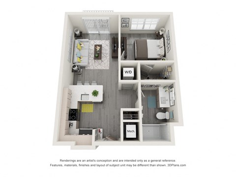 Floor plan for 1 bed, 1 bath, 624 sqft